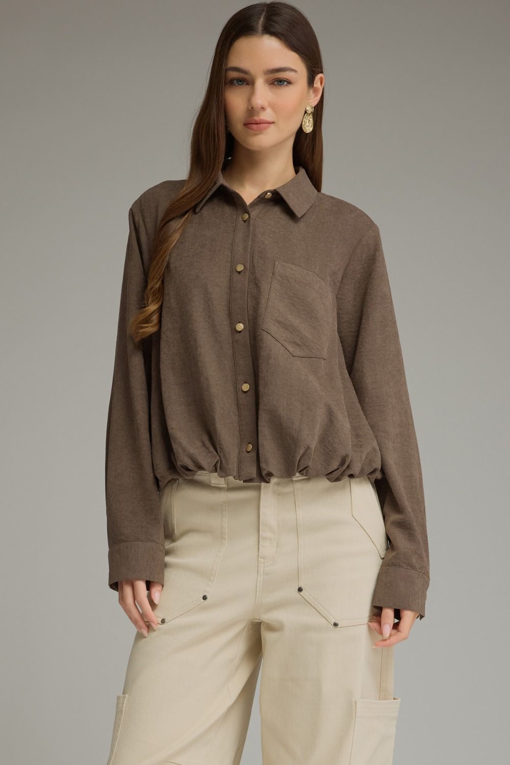 ENTRO Long Sleeve Button Front Top In Brown *COMING SOON*
