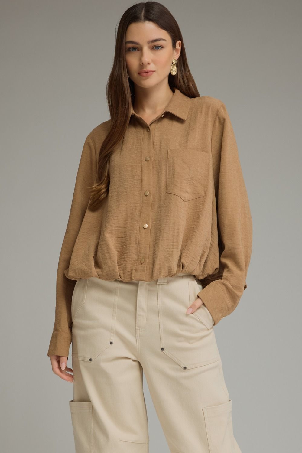 ENTRO Long Sleeve Button Front Top In Camel *COMING SOON*