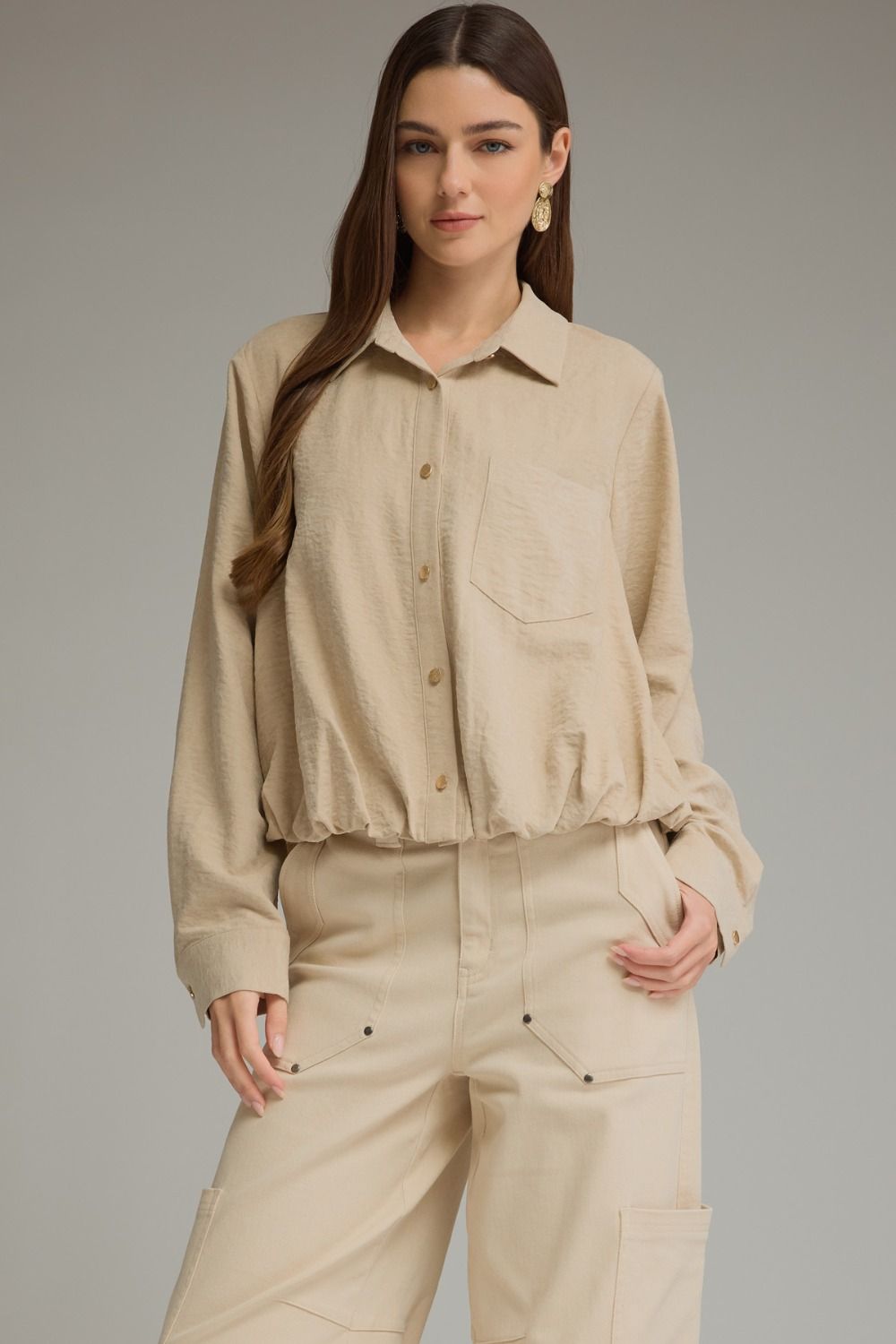 ENTRO Long Sleeve Button Front Top In Khaki *COMING SOON*