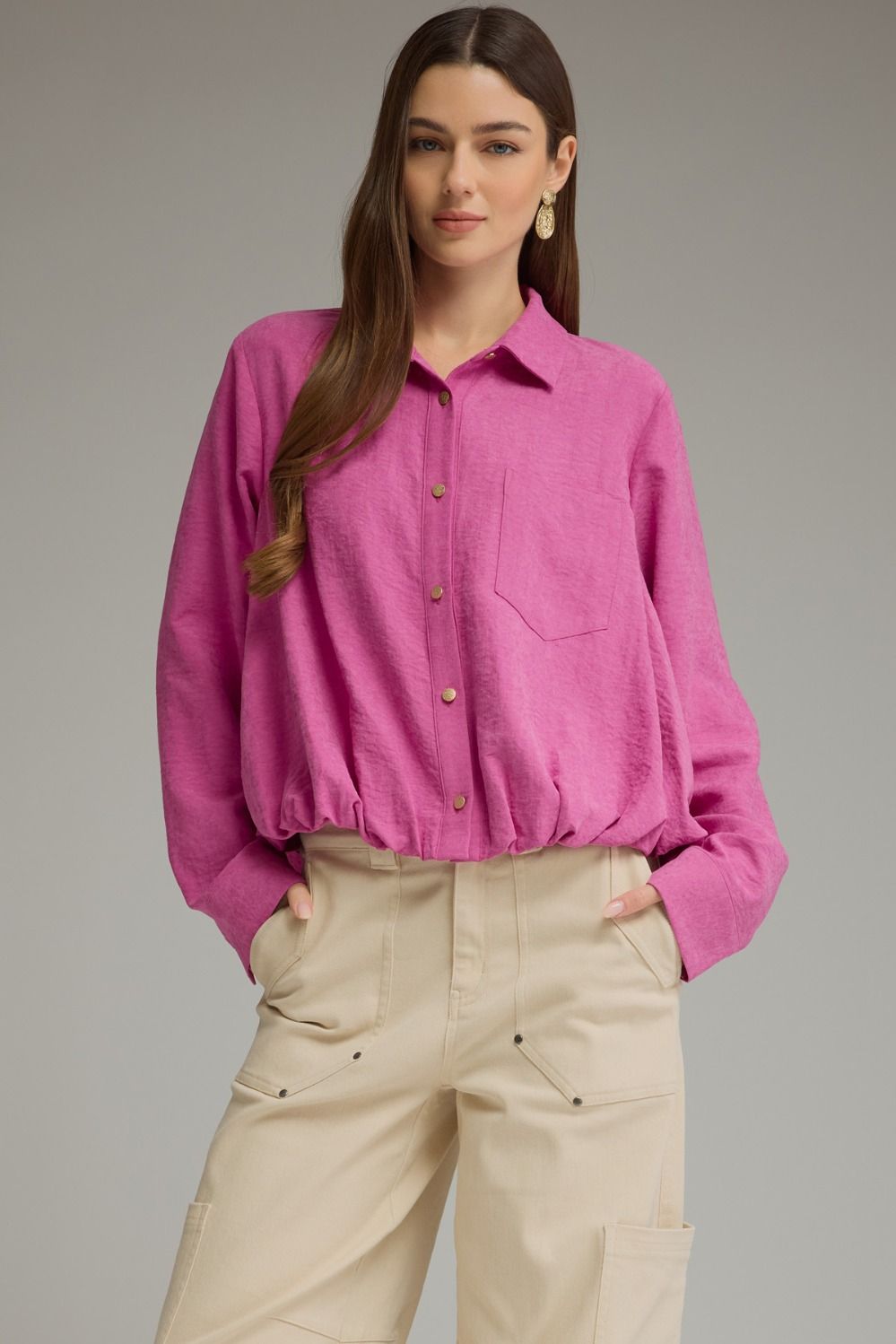 ENTRO Long Sleeve Button Front Top In Orchid *COMING SOON*