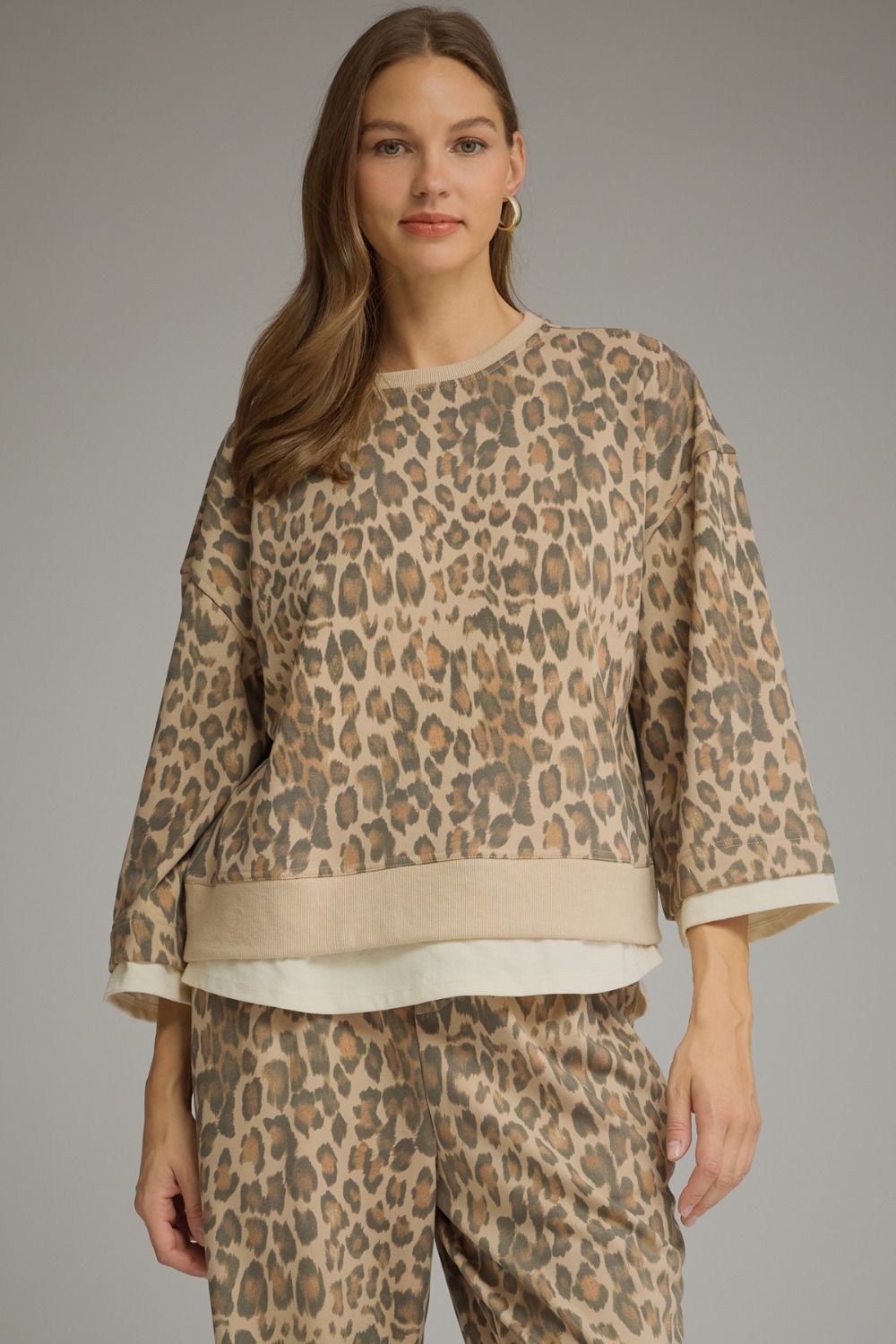 ENTRO Animal Print 3/4 Sleeve Top In Ecru *COMING SOON*