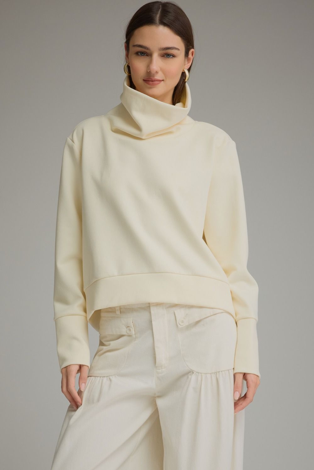 ENTRO Solid Long Sleeve High Neck Top In Cream *COMING SOON*