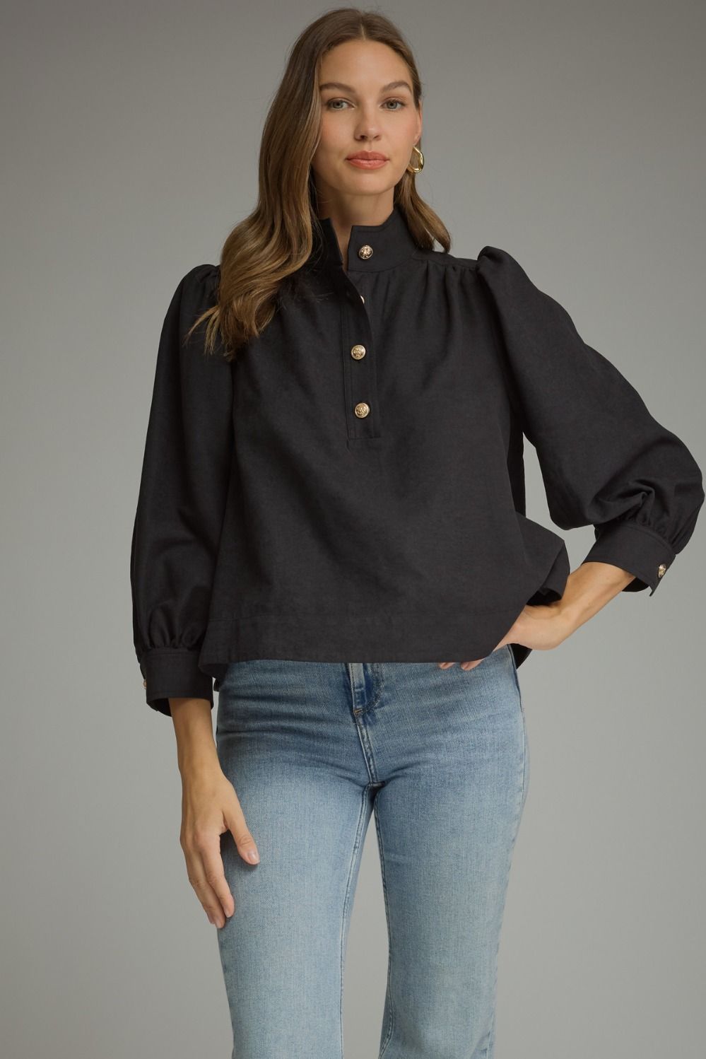 ENTRO Balloon Sleeve Top With Stand Collar In Black *COMING SOON*