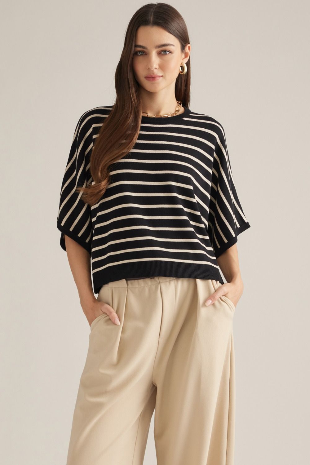 ENTRO Short Sleeve Stripe Top In Black
