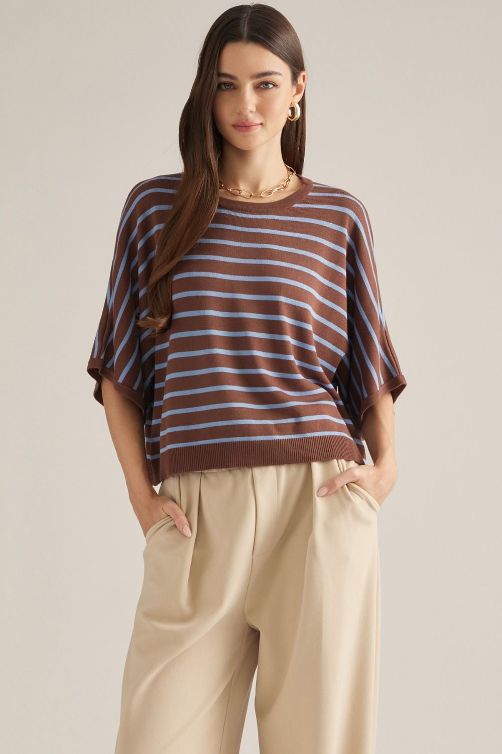 ENTRO Short Sleeve Stripe Top In Brown