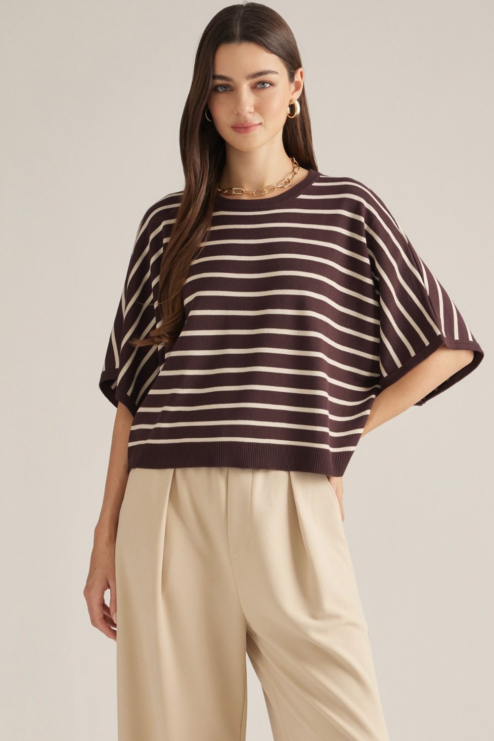 ENTRO Short Sleeve Stripe Top In Chocolate