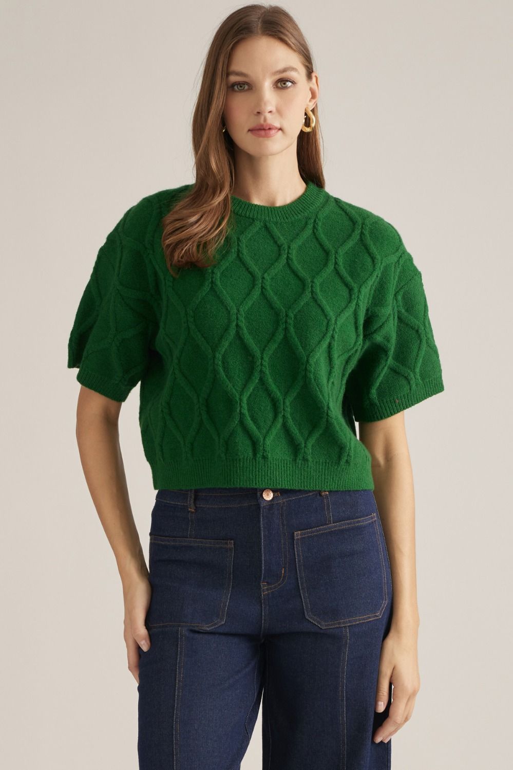 ENTRO Short Sleeve Sweater With Diamond Pattern In Pine *COMING SOON*