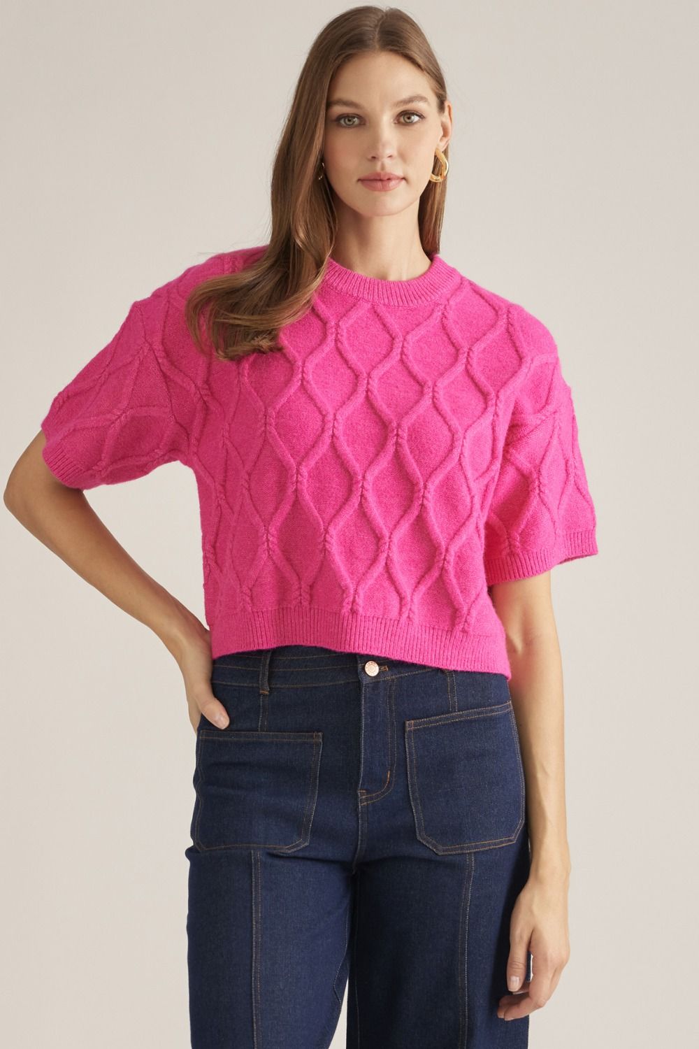 ENTRO Short Sleeve Sweater With Diamond Pattern In Pink *COMING SOON*
