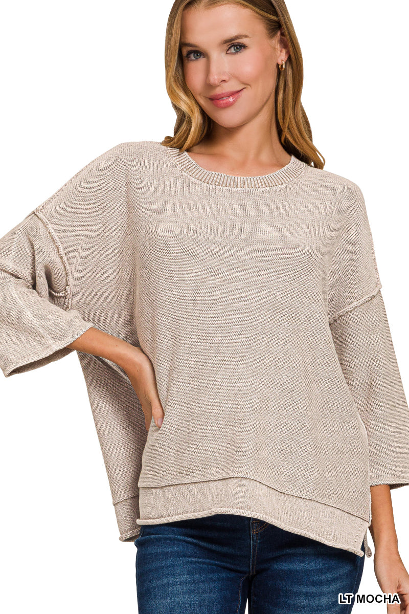 Zenana Washed 3/4 Sleeve Boxy Sweater 2610