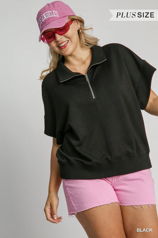 Umgee Luxeknit Relaxed Half Zip Pullover In Black PLUS Sizes  *COMING SOON*
