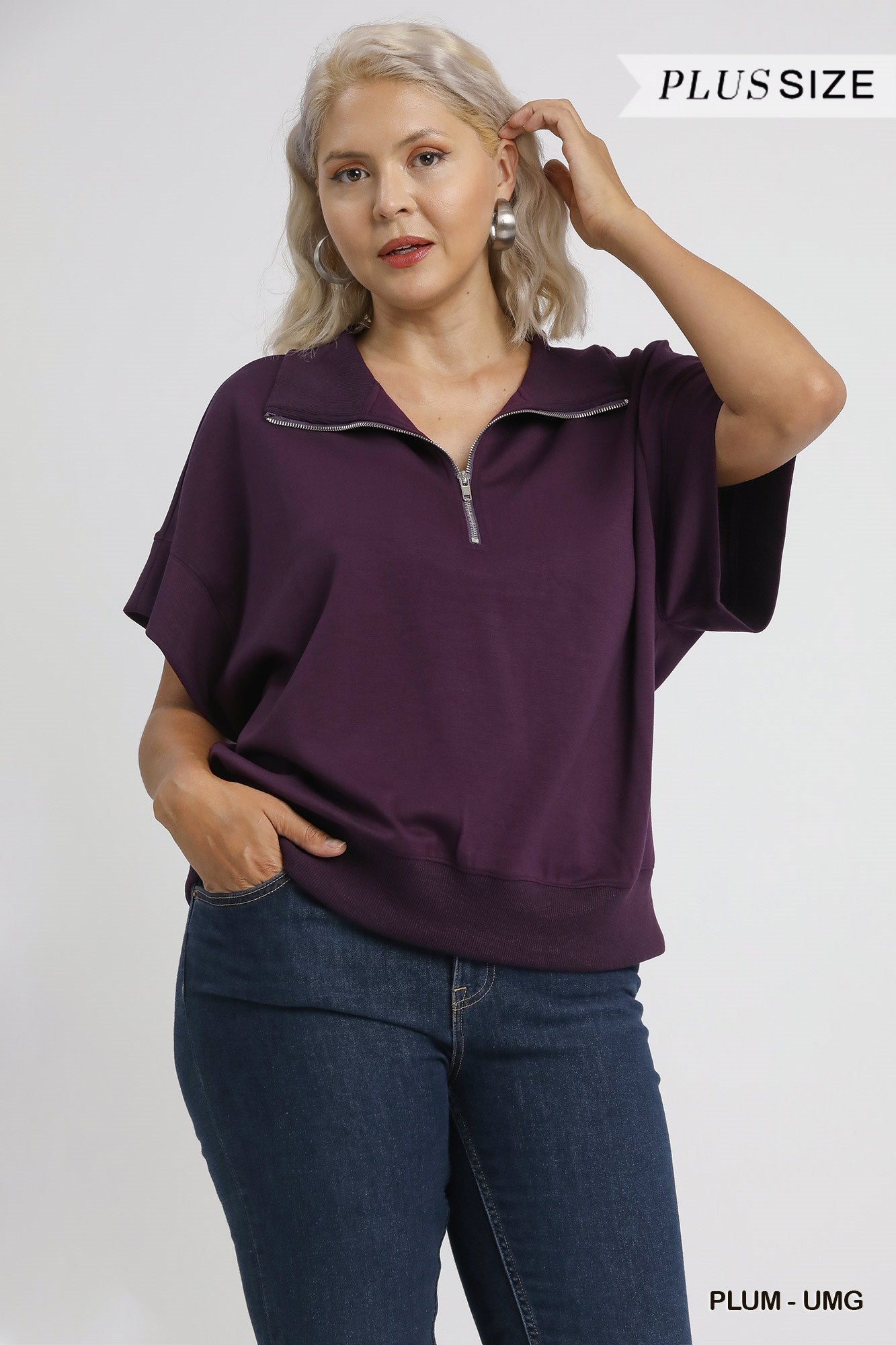 Umgee Luxeknit Relaxed Half Zip Pullover In Plum PLUS Sizes  *COMING SOON*