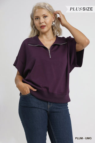 Umgee Luxeknit Relaxed Half Zip Pullover In Plum PLUS Sizes  *COMING SOON*