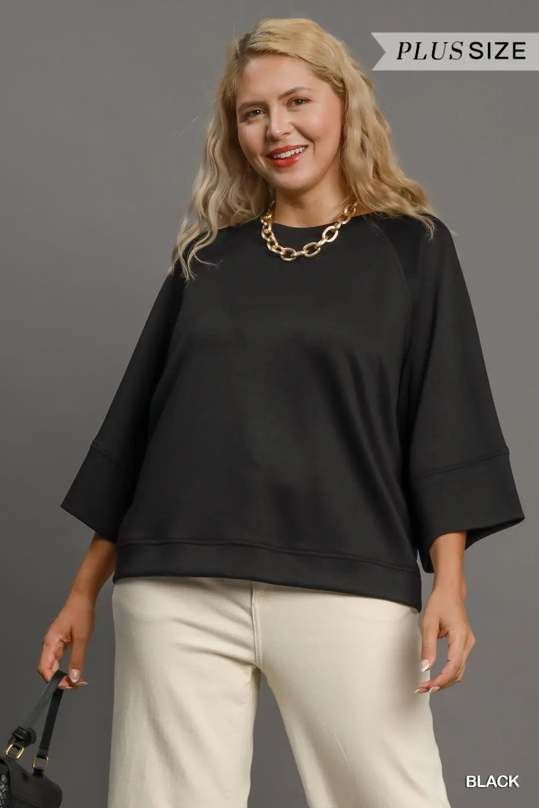 UMGEE 3/4 Sleeve Raglan Luxeknit Top PLUS Sizes In Black