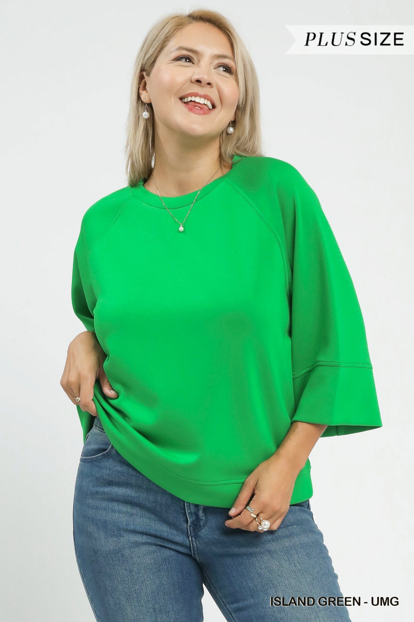 Umgee 3/4 Sleeve Drop Shoulder Top In Island Green PLUS Sizes
