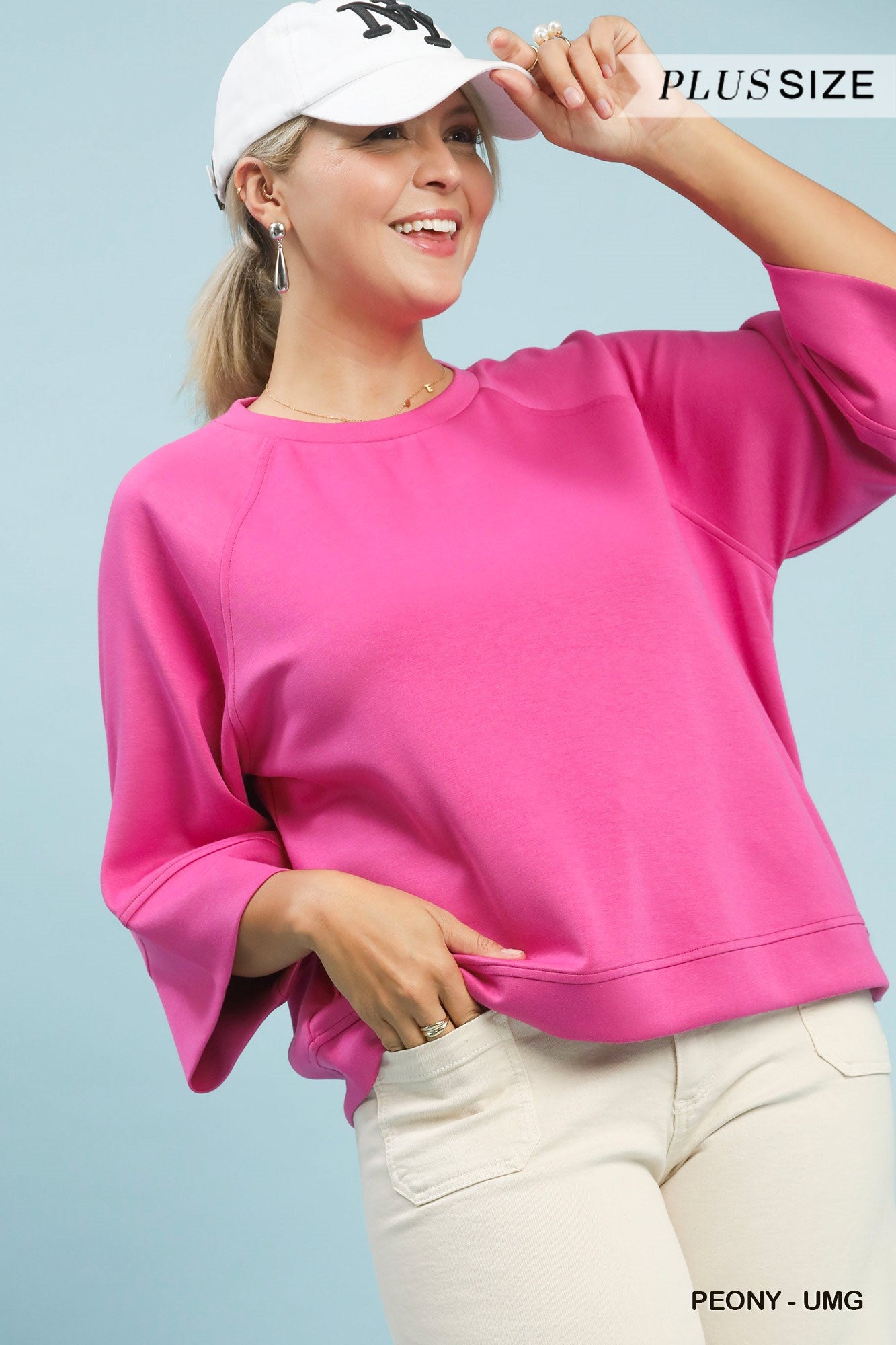 Umgee 3/4 Sleeve Drop Shoulder Top In Peony PLUS Sizes
