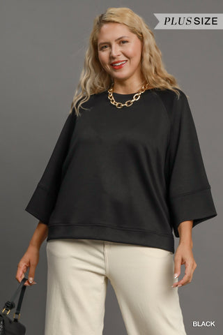 Umgee Luxeknit 3/4 Sleeve Drop Shoulder Top In Black PLUS Sizes  *COMING SOON*
