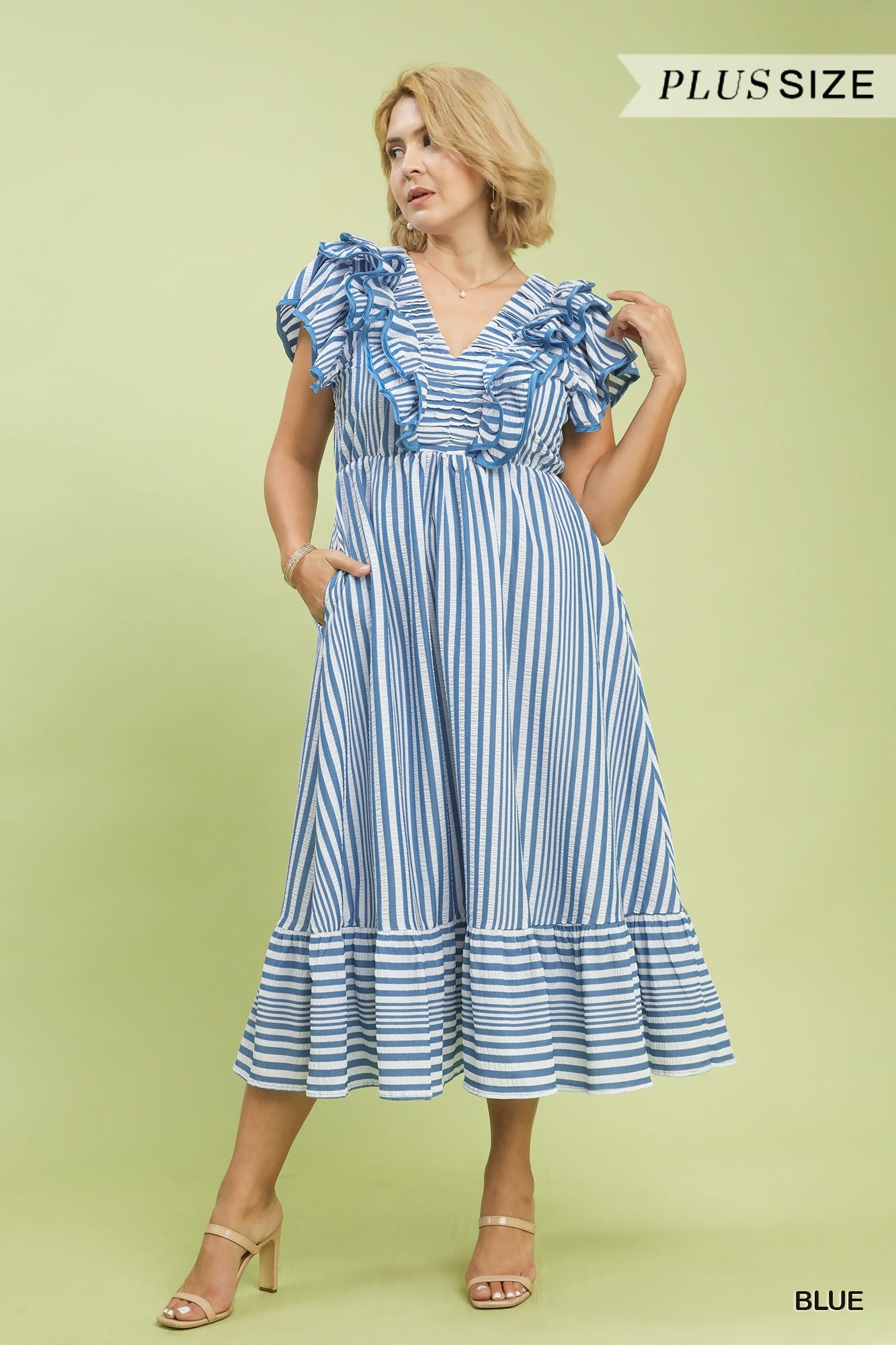 UMGEE Striped Ruffle Shoulder Midi Dress In Blue PLUS Sizes