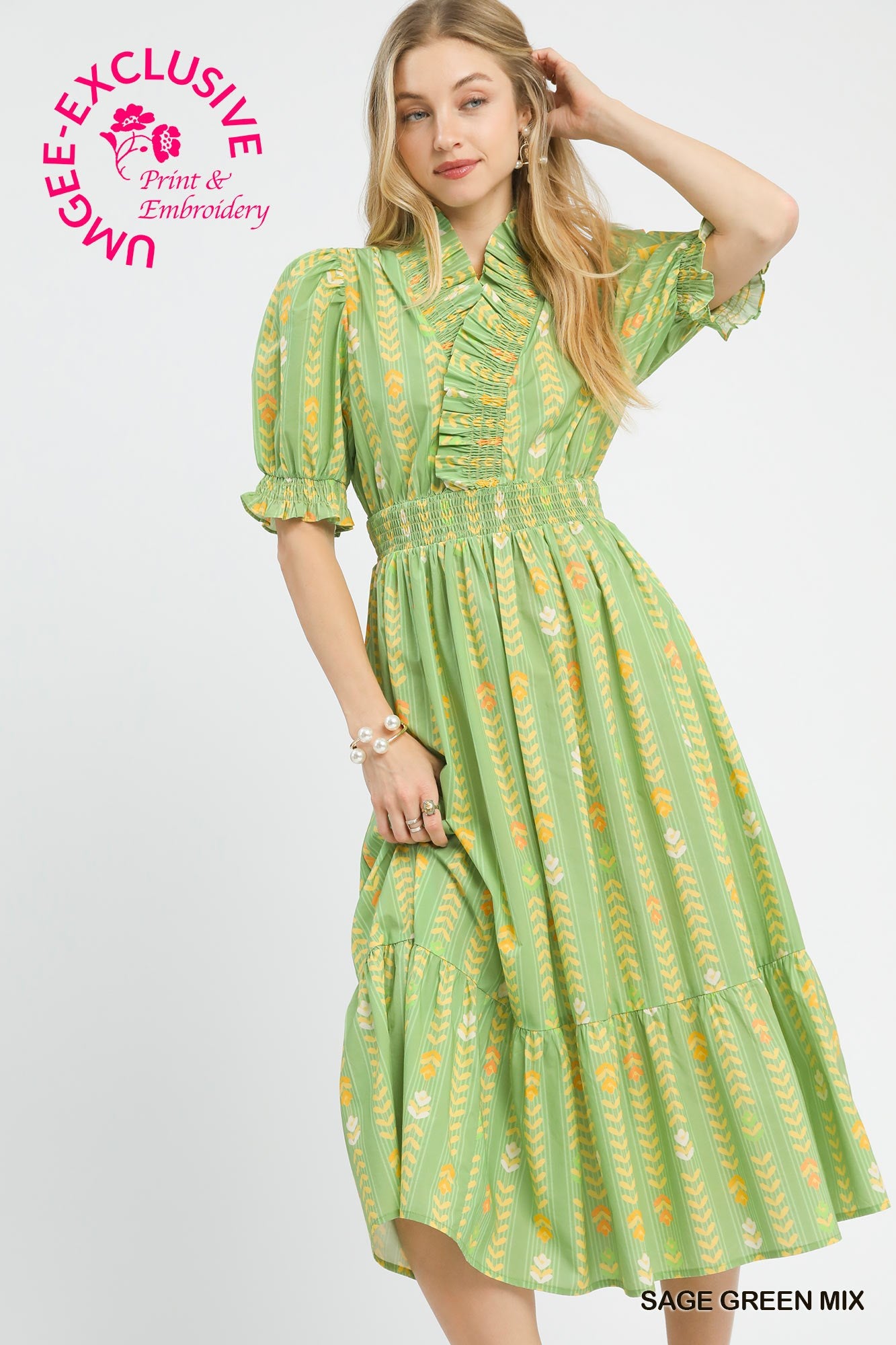 Umgee Vibrant Ruffle Smocked Midi Dress In Sage Green Mix PLUS Sizes