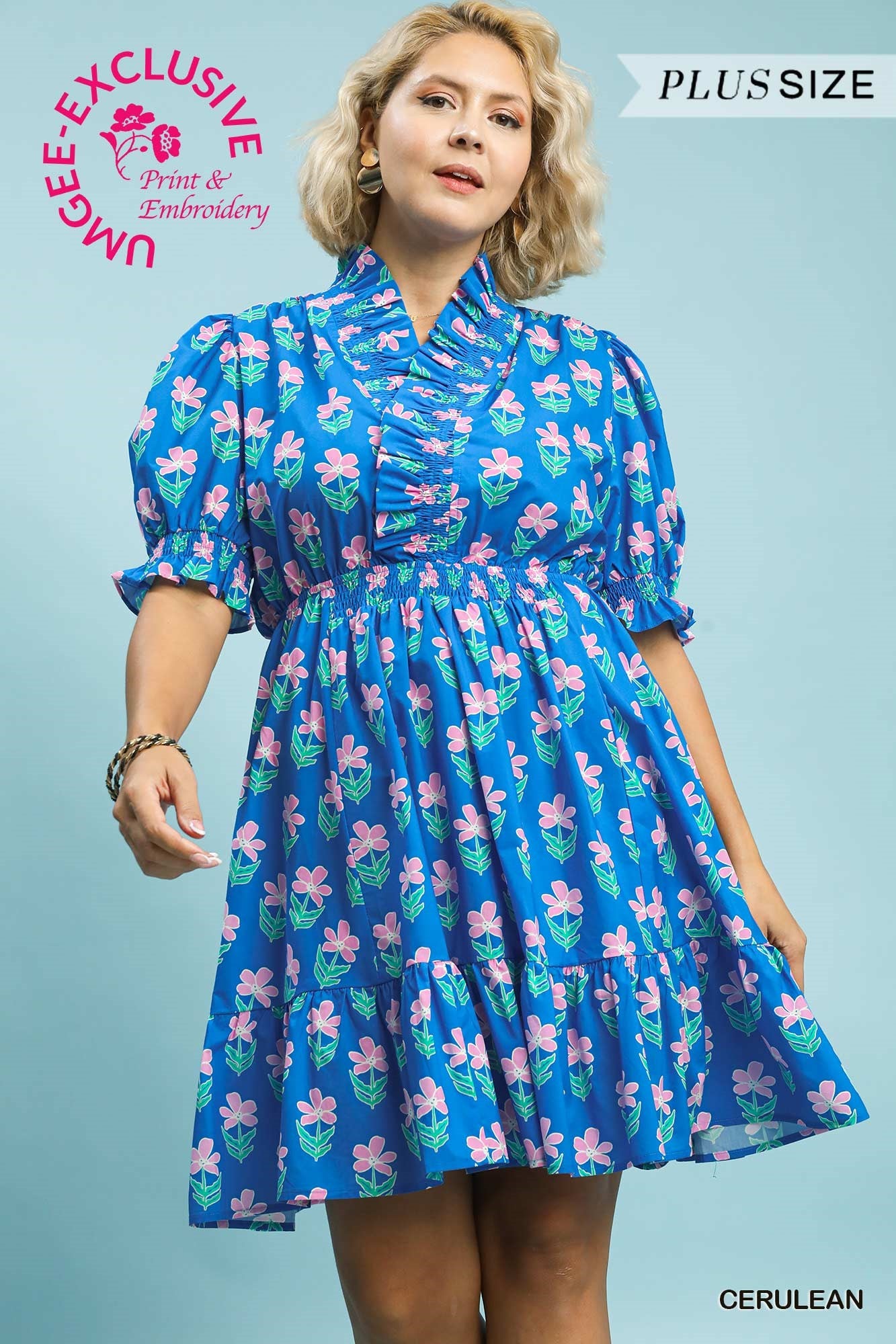Umgee Ruffled Floral Babydoll Dress In Cerulean PLUS Sizes