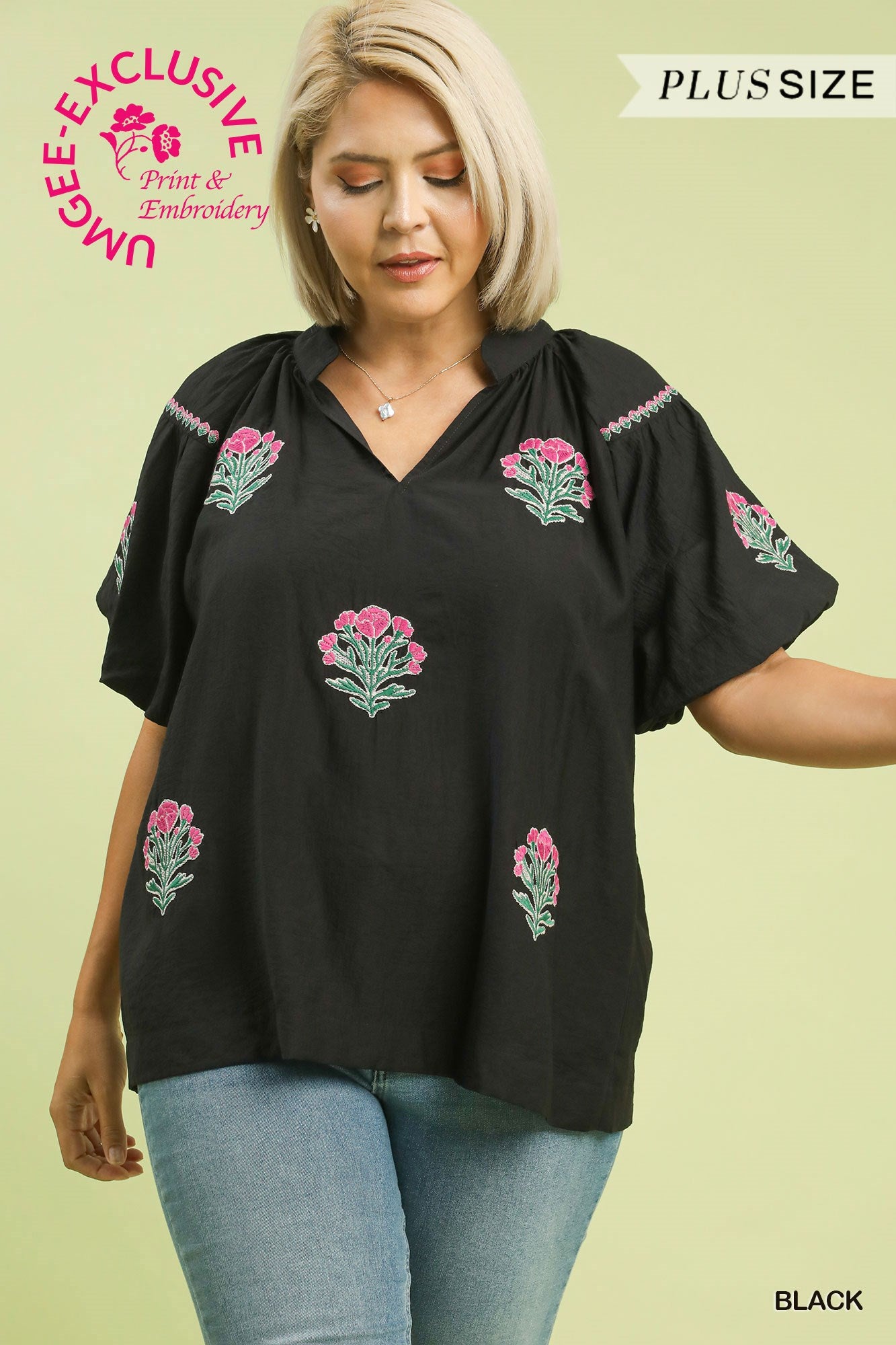 UMGEE Boho Embroidered Top In Black PLUS Sizes