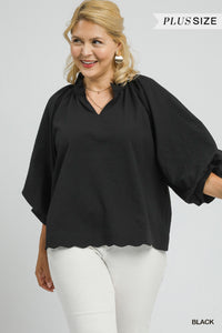 Umgee Textured Scallop Hem Top In Black PLUS Size