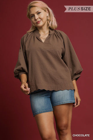 Umgee Textured Scallop Hem Top In Chocolate PLUS Size