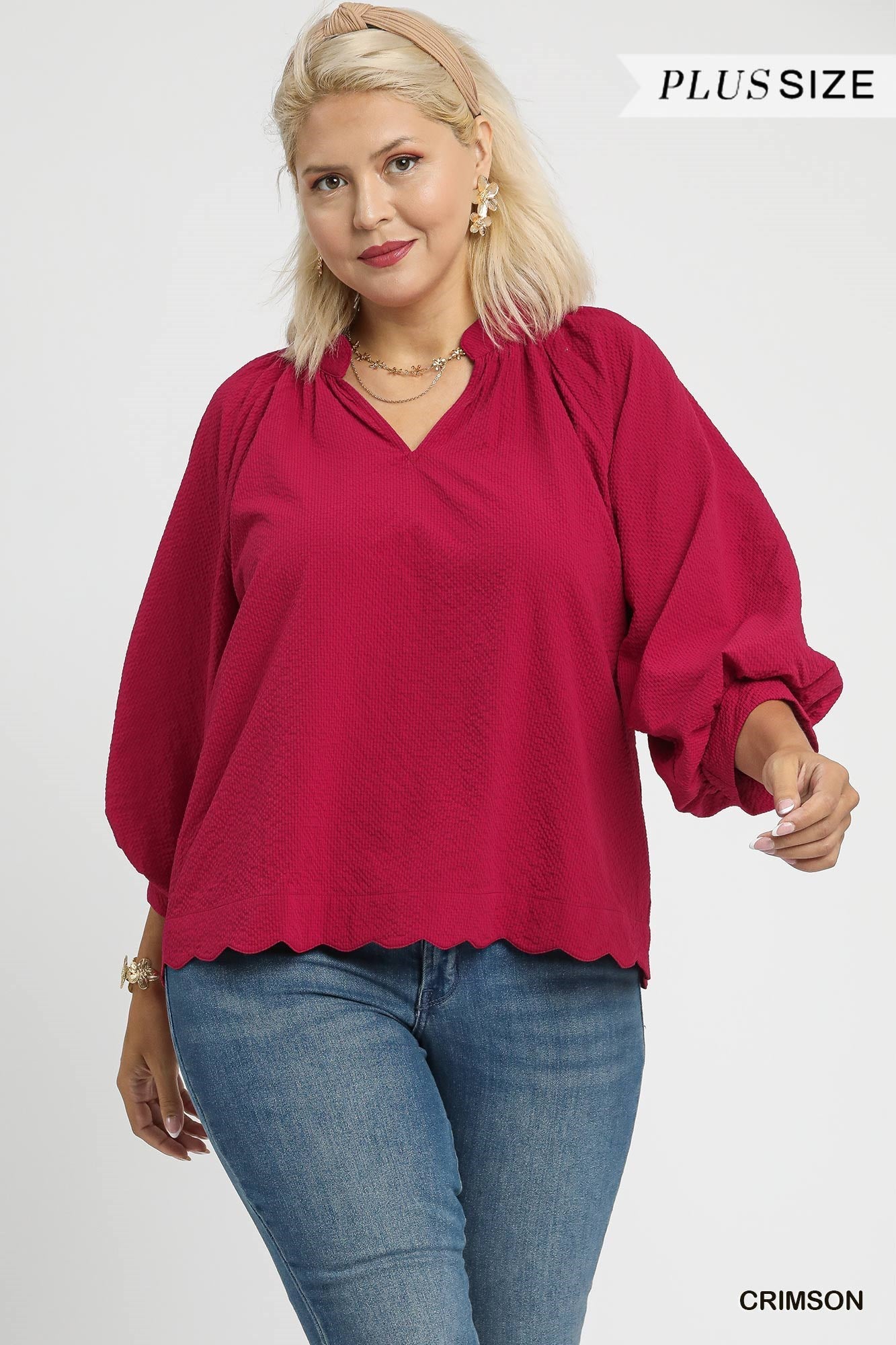 Umgee Solid Split V Neck Top With Balloon Sleeves In Crimson PLUS Size