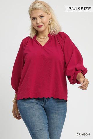 Umgee Solid Split V Neck Top With Balloon Sleeves In Crimson PLUS Size *COMING SOON*