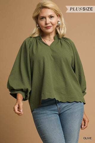 Umgee Textured Scallop Hem Top In Olive PLUS Size