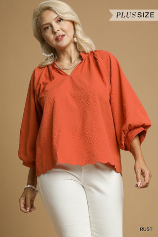 Umgee Solid Split V Neck Top With Balloon Sleeves In Rust PLUS Size *COMING SOON*