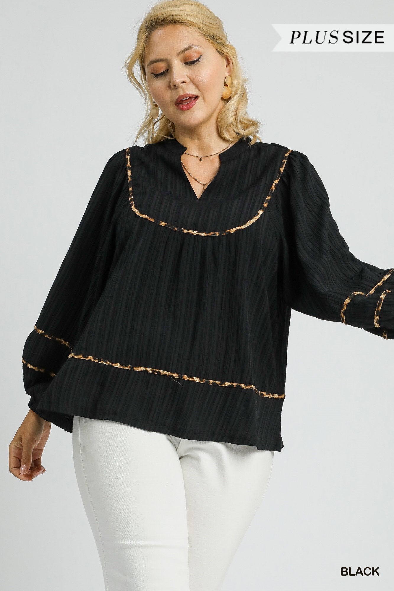 Umgee Textured Top With Animal Print Trim In Black PLUS Size
