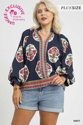 Umgee Boho Floral Tunic Top In Navy PLUS Size *COMING SOON*