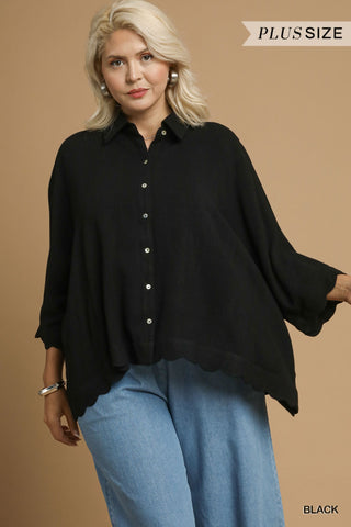 UMGEE Linen Scallop Hem Button Down In Black PLUS Sizes *COMING SOON*