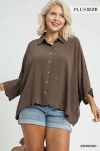UMGEE Linen Scallop Hem Button Down In Espresso PLUS Sizes *COMING SOON*