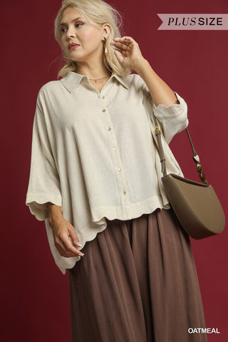 UMGEE Linen Scallop Hem Button Down In Oatmeal PLUS Sizes *COMING SOON*