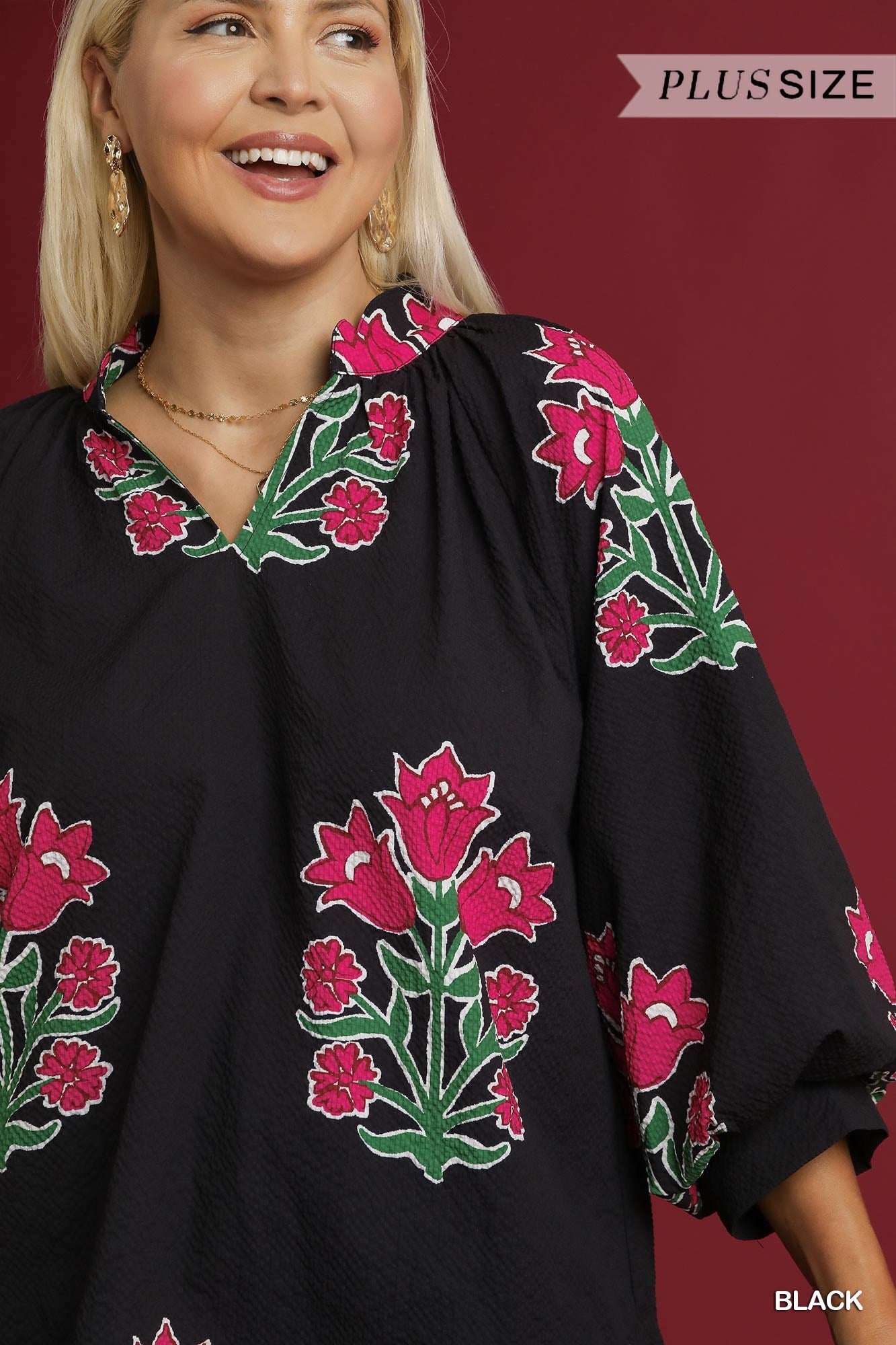 Umgee Bubble Sleeve Tulip Print Top PLUS Sizes In Black *COMING SOON*