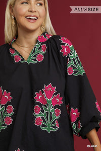 Umgee Bubble Sleeve Tulip Print Top PLUS Sizes In Black *COMING SOON*