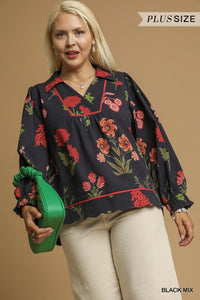 Umgee Floral Print Textured Fabric Top PLUS Sizes In Black *COMING SOON*