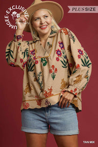 Umgee Floral Print Textured Fabric Top PLUS Sizes In Tan *COMING SOON*