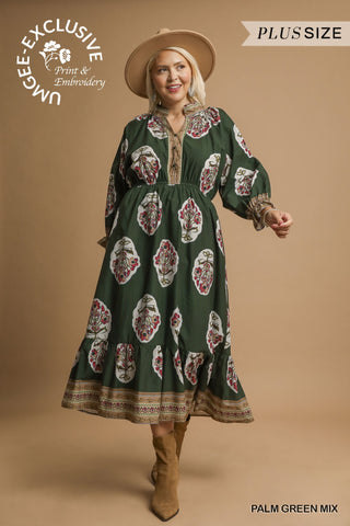 Umgee Flower Patch Floral Print Midi Dress In Palm Green PLUS Sizes *COMING SOON*