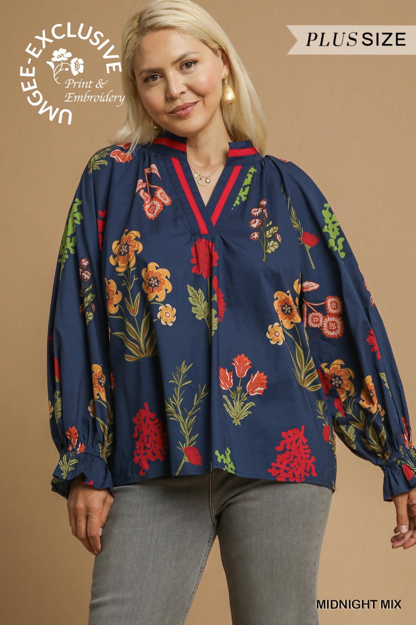 Umgee Floral Print V Neck Open Collar Top PLUS Sizes In Midnight *COMING SOON*