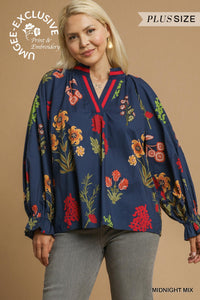 Umgee Floral Print V Neck Open Collar Top PLUS Sizes In Midnight *COMING SOON*