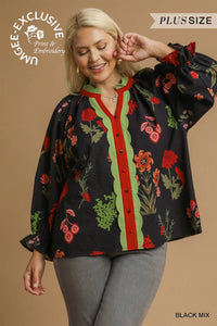 Umgee Floral Textured Top With Scalloped Trim PLUS Sizes In Black *COMING SOON*