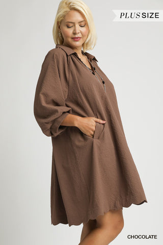 Umgee V Neck Puff Sleeve Dress In Chocolate PLUS Sizes *COMING SOON*