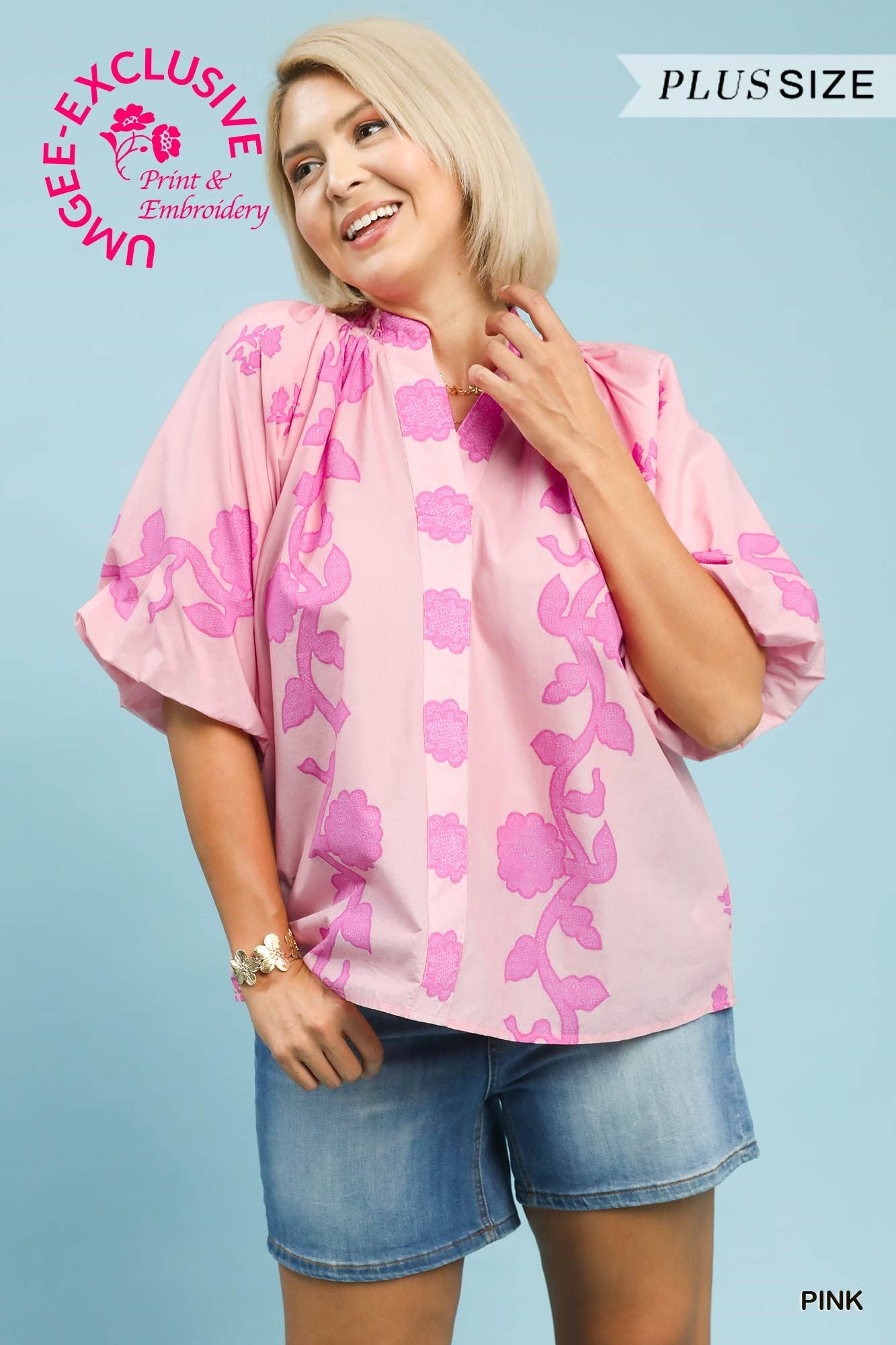 Umgee Print Smocked Collar Top In Pink PLUS Sizes