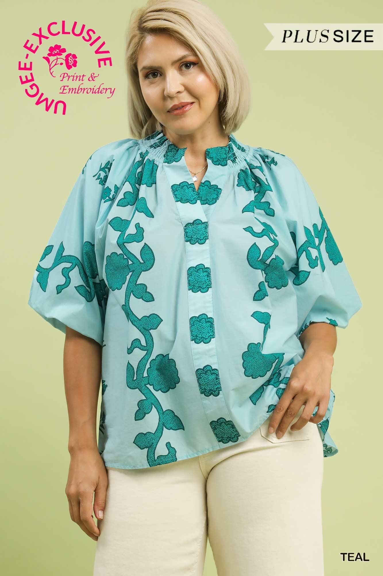 Umgee Print Smocked Collar Top In Teal PLUS Sizes
