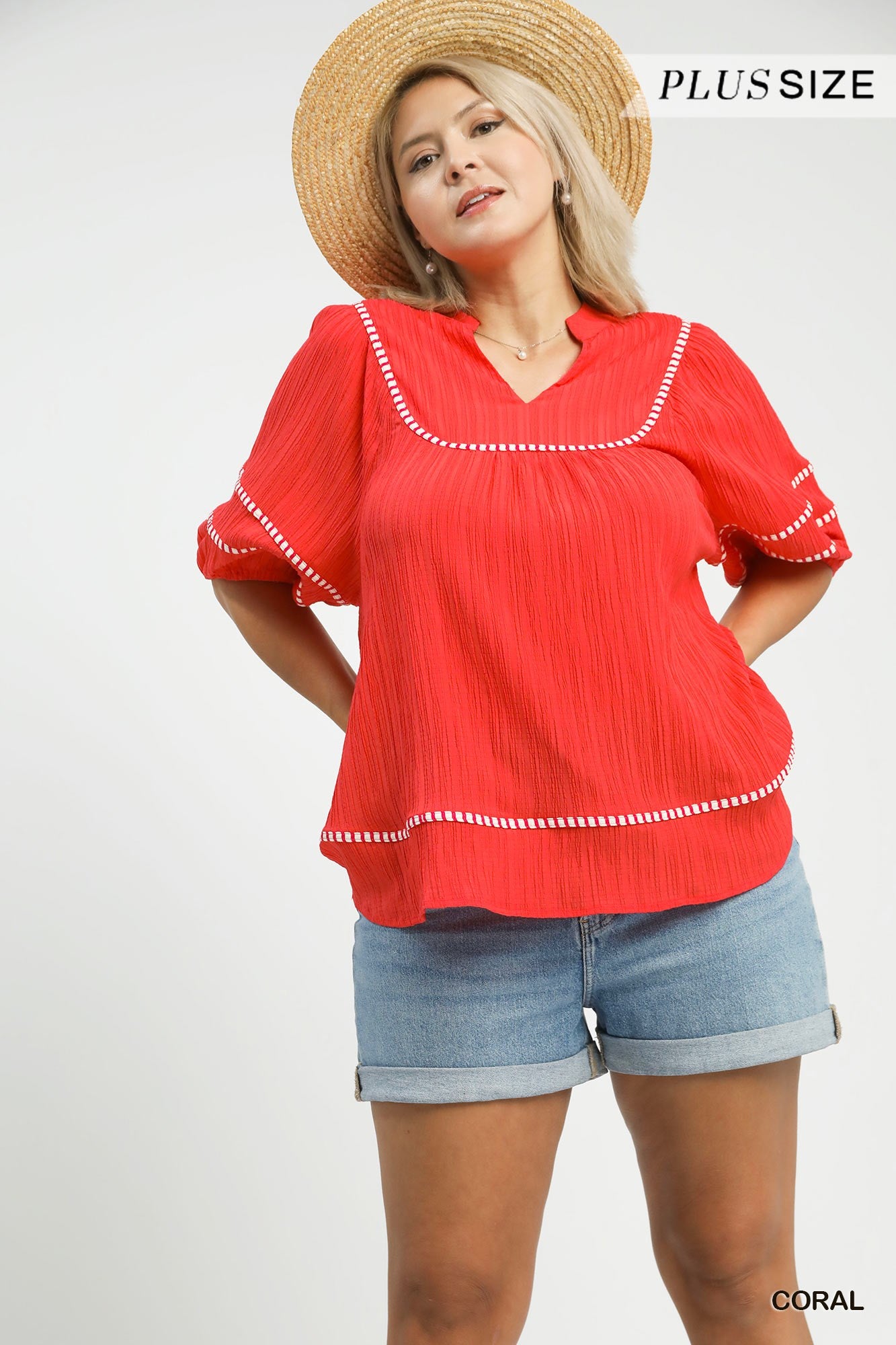 Umgee Textured Top With Contrast Trim In Coral PLUS Sizes