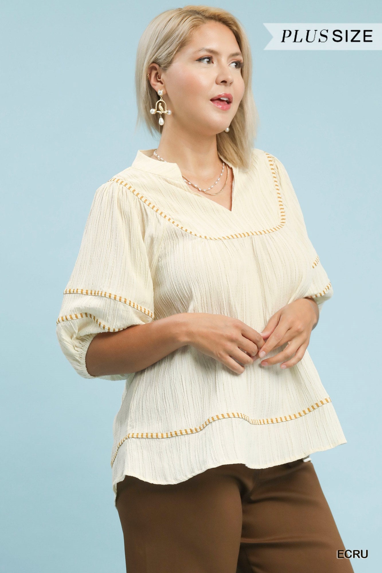 Umgee Textured Top With Contrast Trim In Ecru PLUS Sizes