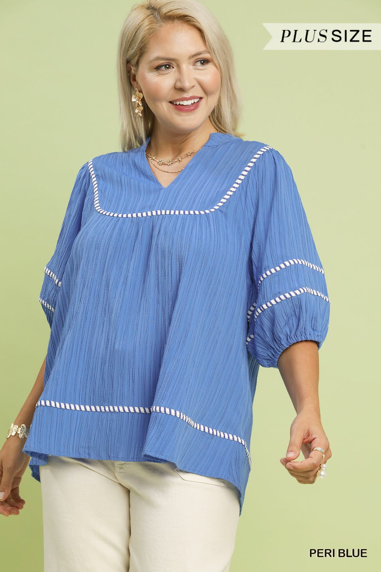 Umgee Textured Top With Contrast Trim In Peri Blue PLUS Sizes