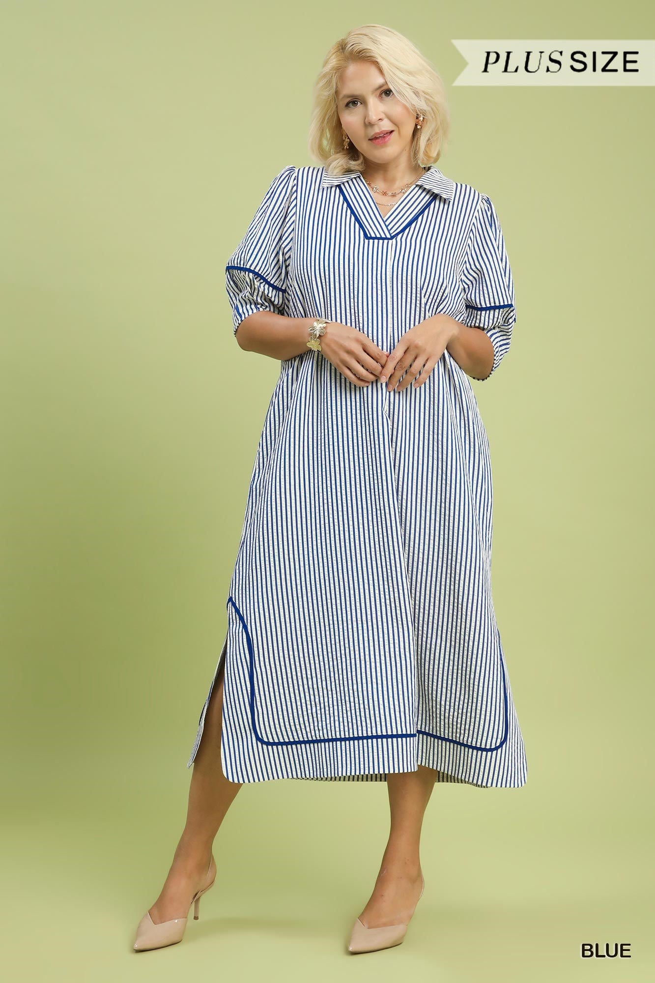 Umgee Striped Midi Dress With Puff Sleeves In Blue PLUS Sizes *COMING SOON*